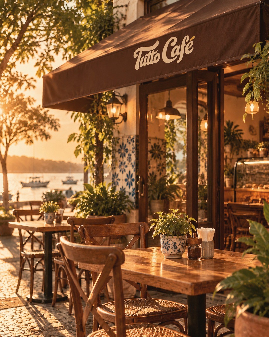 Fachada do Tutto Café com toldo e mesas na calçada, à beira d'água